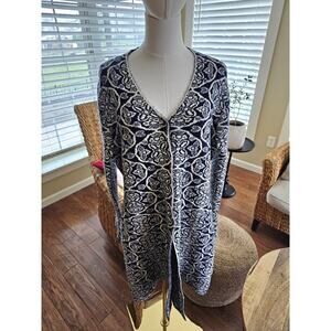 J Mclaughlin Soft Knit Cardigan Duster Women's Size L Navy Damask Cozy